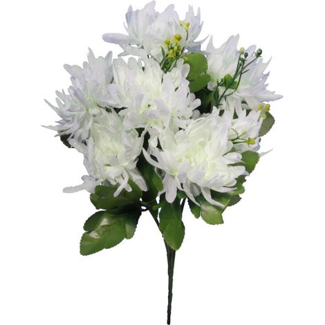 Ramo blanco de crisantemos artificiales dentados con accesorios, 35 cm de altura. (1/3)