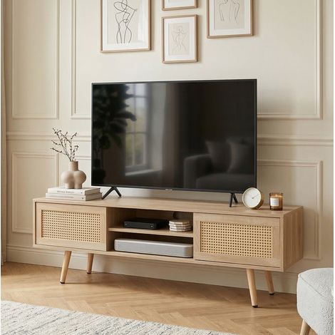 Mueble TV de MDF efecto ratán, puertas correderas, natural 140 x 40 x 46,5 cm OKMYHOME (1/5)