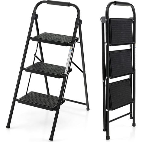 GOPLUS Escabeau Pliable à 3 Marches pour Adultes, Léger avec Pédale Large Anti-Dérapante et Poignée Confortable, Escabeau Portable pour Maison et Bureau, Noir (1/5)