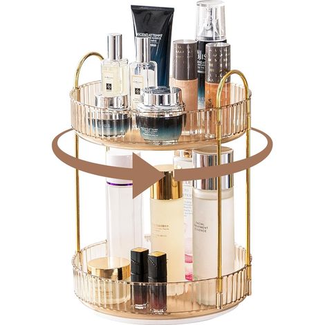 1 - Organiseur de maquillage - Organiseur rotatif - Rangement cosmétique 360° - Étagère salle de bain et coiffeuse - Ambre et doré - 2 niveaux