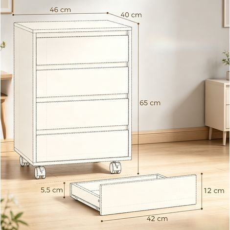 Caisson de bureau mobile en MDF noir avec 4 tiroirs, sur roulettes (1/5)