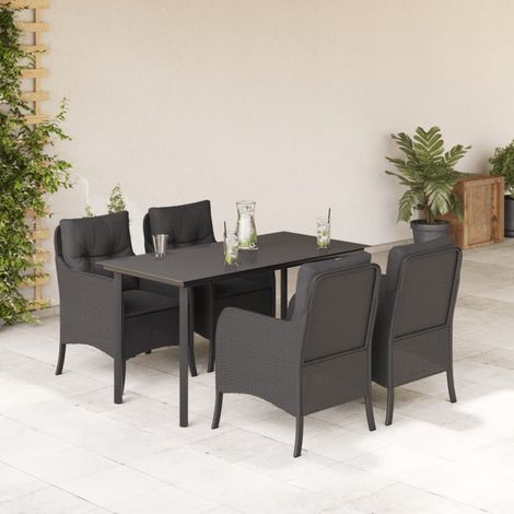 5-tlg. Garten-Essgruppe mit Kissen Schwarz Poly Rattan