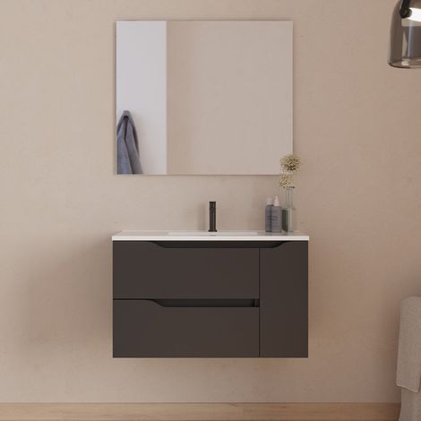 Meuble de salle de bain 80cm avec vasque centrée - 2 tiroirs et un placard - noir - ZARZA
