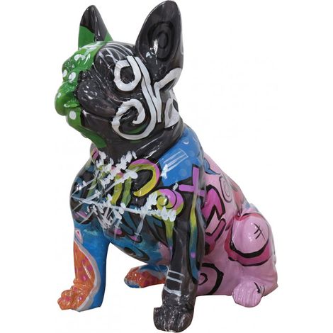 Statue chien bulldog assis tagué multicolore en résine - FABIEN