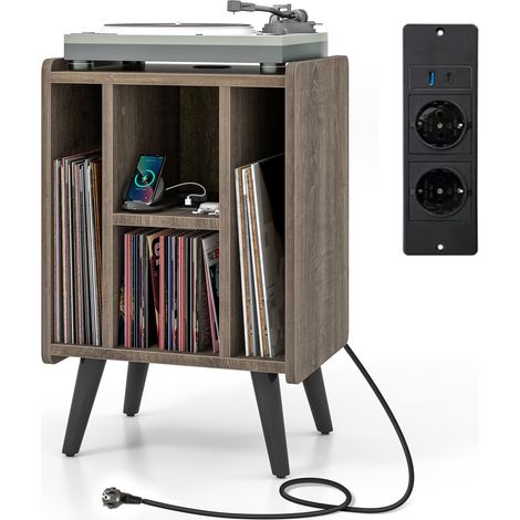Costway – Table d’appoint pour tourne-disque – 2 prises, 2 ports USB, 1 port type-C – Dimensions 43x34,5x67,5 cm – Bois d'ingénierie marron/chêne gris (1/5)