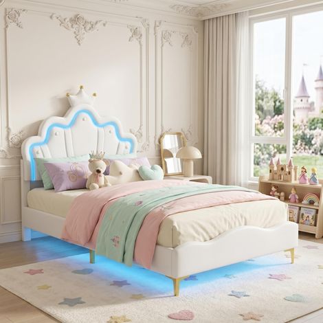 Lit enfant 90x190 cm, lit princesse, lit simple capitonné avec tête de lit couronne et éclairage LED - sommier à lattes, Blanc (1/5)