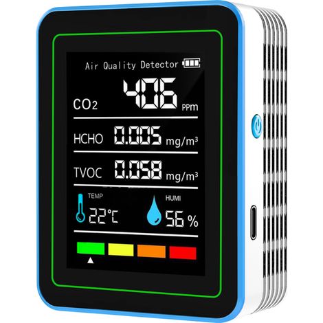 Monitor de calidad del aire interior 5 en 1: Detector preciso de CO2, HCHO, temperatura y humedad (portátil)