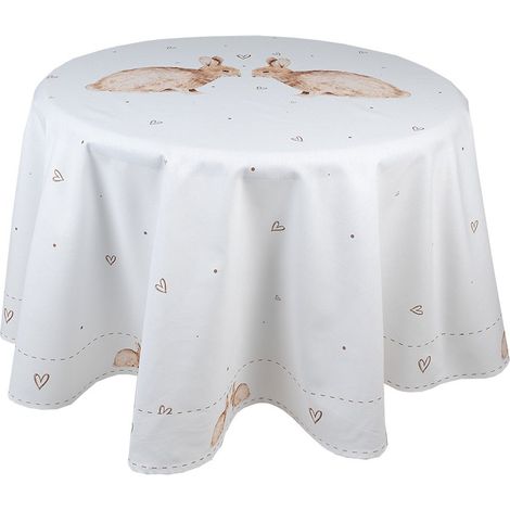Nappe Ronde de Table de Cuisine en Pur Coton Motif Lapin Coloris Blanc et Marron Ø 170 cm - PANGIVO