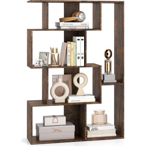Bibliothèque Géométrique à Dos Ouvert, 6 Cubes avec Kits Anti-basculement, Étagère de Rangement Autoportante 80 x 30 x 119 cm pour Bureau, Salon, Brun (1/5)