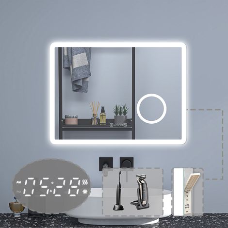 80x60cm Badezimmerspiegel Wandspiegel LED Badspiegel mit steckdose + Uhr + 3 farben Dimmbar + LED Memory Funktion (1/5)