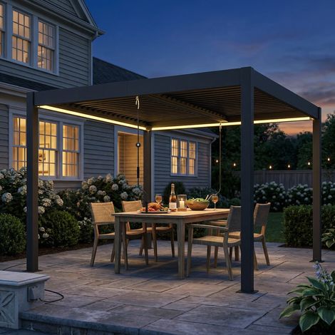 Pergola 3x3 m avec toit en aluminium, éclairage LED, télécommande et lames orientables