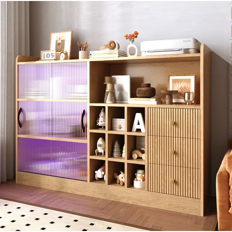 Madia 120 cm con portabottiglie, LED e ante scorrevoli in vetro naturale HAVRYA (1/5)