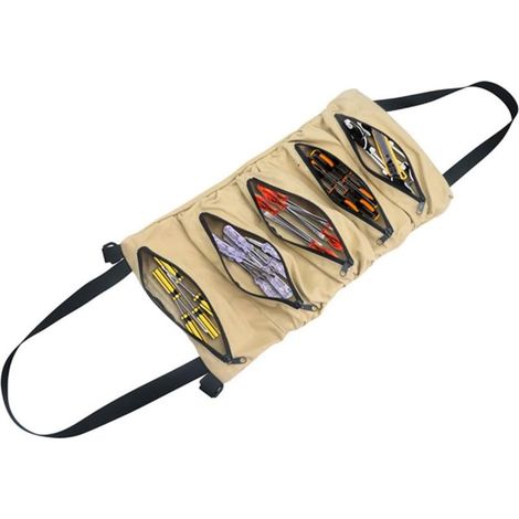 Sac à outils enroulable, sac à outils en toile, sac à outils, multi-usages, avec 5 poches à fermeture éclair, pour électricien, mécanicien, kaki (1/3)