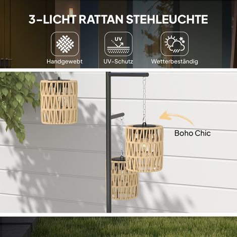 Lampadaire solaire en rotin design bohème, 3 lumières avec détecteur de luminosité, allumage automatique, étanche IP44 pour extérieur (1/4)