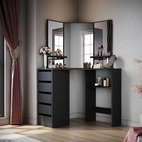 ELEGANT Corner Dressing Table Makeup Dresser Desk with 3 Large Mirrors 5 Drawers, Black Corner Desk with Large Storage Vanity Table for Girls (1/5)