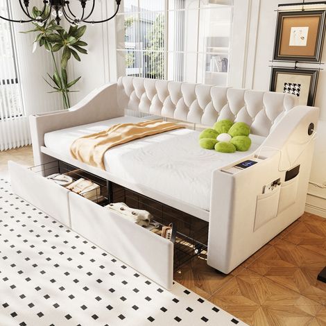 Canapé-lit convertible 90x190cm capitonné velours beige, accoudoirs larges avec rangements + USB, tiroir et poches de stockage (sans Matelas) (1/5)