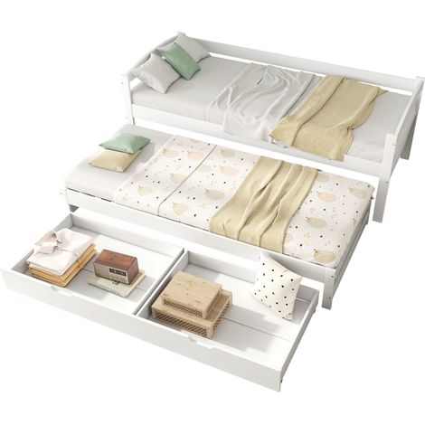 Lit gigogne blanc avec lit tiroir, 2 tiroirs MDF, structure en pin et MDF, montage facile, pour chambre d'enfant et invités CHICFURN (1/5)