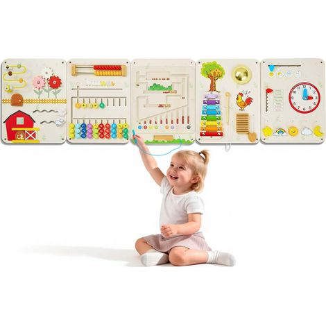 Panneau Mural Sensoriel pour Enfants en Bois, Tableau d'Activités Montessori 16 en 1 à 5 Panneaux, Jouet Éducatif Mural avec Accessoires de Fixation, pour Crèche, Classe, Salle de Jeux et Maison (1/5)