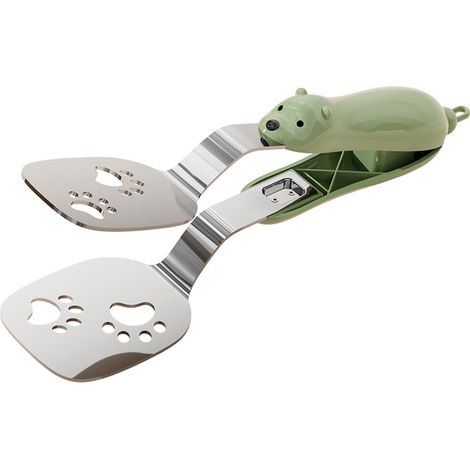 Espátula de acero inoxidable con pinza, una simpática espátula 2 en 1 con forma de oso, ideal para servir pescado, pan, etc. (Verde, 1 unidad) (1/5)