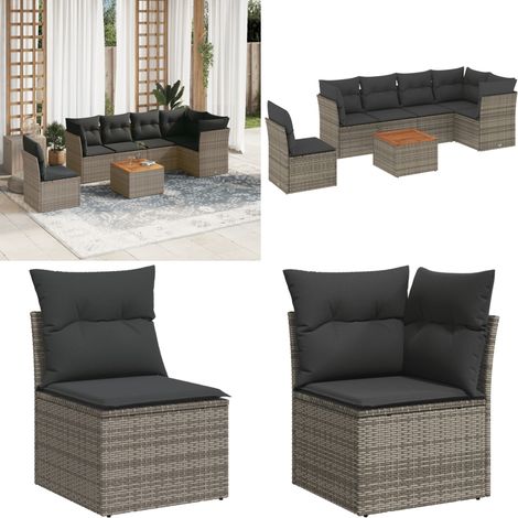 7-tlg. Garten-Sofagarnitur mit Kissen Grau Poly Rattan - Gartenmöbel Set - PE-Rattan Möbel - Outdoor Sofa - Lounge Set - Esstisch - Home & Living (1/5)