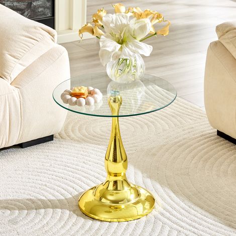 Table d'appoint ronde 50x50x51,5 cm en verre trempé doré, gain de place pour salon FloraGrace (1/5)