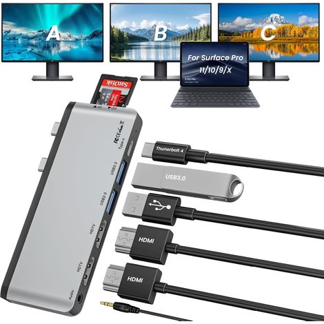 Hub USB Cavec Double HDMI 4K 60Hz, USB-C Thunerbolt 4 (Affichage 8K + données + Recharge 100 W), 2USB 3.0, SD/TF, Audio 3,5 mm, Surface Pro 11 Adaptateur, Plug and Play (1/5)
