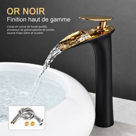 Mitigeur Lavabo Vasque Salle de Bain Laiton noir et or cascade modèle haut avec tuyaux d'arrivée d'eau – Livraison gratuite