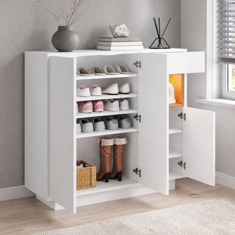 Meuble à chaussures avec LED, tiroir et étagères réglables, blanc et bois naturel DESVIAE (1/5)