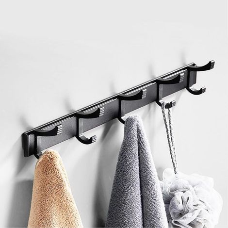 Porte-manteau mural en aluminium avec double crochet, porte-serviettes mural robuste, pour chambre, salle de bain, cuisine, entrée (noir, 5 crochets) (1/5)
