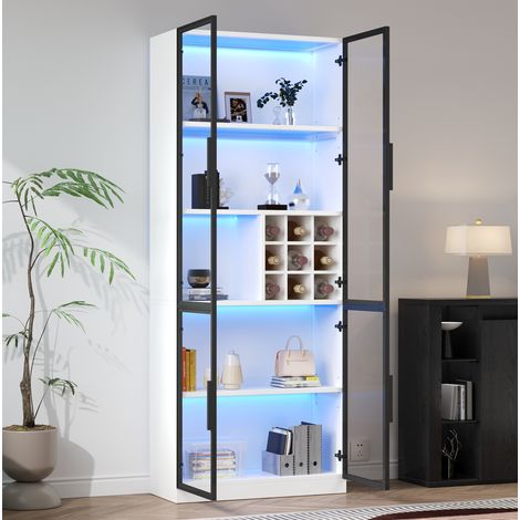 Vitrina de 80x35x200 cm, 5 niveles, puertas de vidrio con marco de aluminio, luz LED, blanco, tablero aglomerado (1/5)