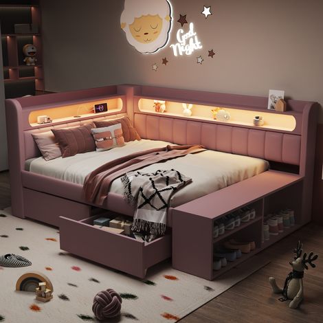 Divano letto imbottito in MDF e compensato rosa, 90x200 cm, con USB, LED, scarpiera e 2 cassetti. (1/5)
