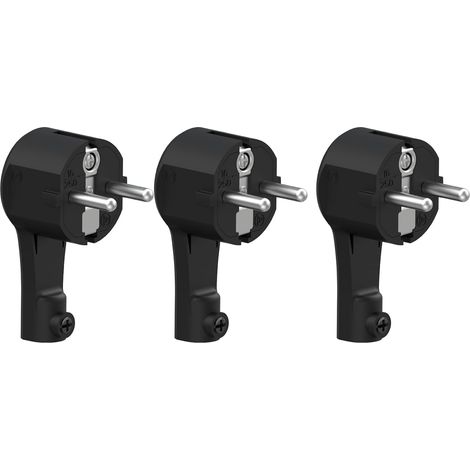 Fiches Schuko plates lot de 3, fiche plate IP20, fiche Schuko coudée extra-plate 250 V / 16 A, compatible avec câbles jusqu’à 1,5 mm², fiche plate avec décharge de traction, Noir (1/5)