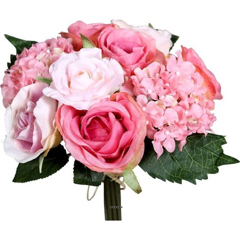 Bouquet de Roses et Hortensias artificielles 10 tetes D 22 cm Rose - couleur: Rose (1/3)