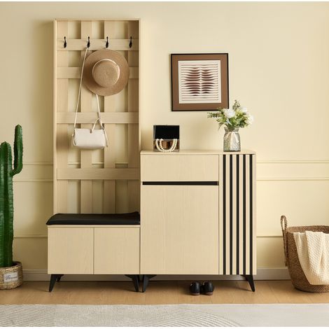 Set d'entrée avec porte-manteau, banc et meuble à chaussures, MDF, bois clair, OKWISH (1/5)
