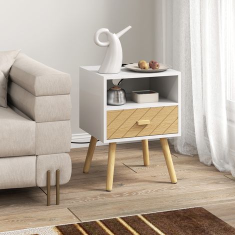 Comodino con stazione di ricarica, cassetto, 2 prese CA, porta USB Type-C, vano a giorno, gambe in legno, bianco (1/5)