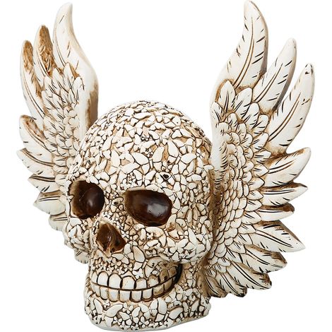 Statue de crâne finement travaillée à la main, ornée de motifs de papillons et d'ailes d'ange, une décoration de bureau. (1/5)