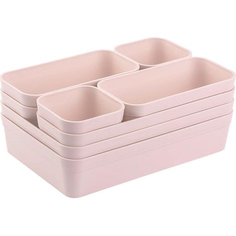 1 jeu d’organiseurs de tiroirs, boîte de rangement, système de séparation unique, réglable, pour ustensiles, espace de rangement, convient au salon, à la salle de bain, en plastique, rose (1/5)