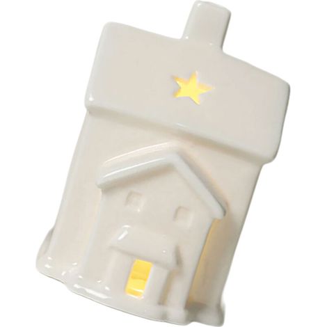 Miniatur-Weihnachtsdorf aus Steingut, beleuchtet von weißem Licht