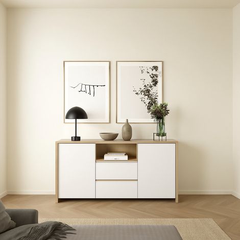 Credenza Alalngar, Buffet 5 étagères, 2 tiroirs, 48.1x148.6x83.8h cm Blanc Brillant (1/5)