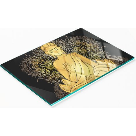 Tabla de cocina de vidrio duradera y elegante con dise帽o de Buda sentado, 80x52 cm.