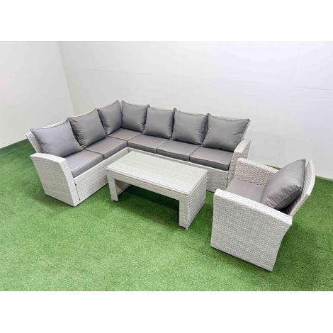 Fimous Rattan Garden Furniture Set Outdoor 7 Seater Corner Sofa Sets with Oblong Coffee Table Chair Light Grey Mixed (1/5)