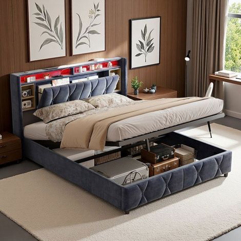 Letto matrimoniale 160x200 - Rete hydraulica - Testata con storage - Illuminazione LED - Design moderno di lusso