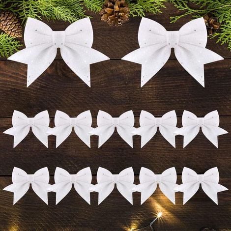 12pcs Noeuds de Noël 21,5x18cm Grands Noeuds de Noël Rubans Paillettes Blanches Décoration de Noël pour Arbre de Noël Emballage Cadeau Guirlande Voiture Mariage (1/5)