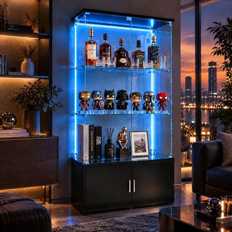 JOOKGBD-Glasvitrine Standvitrine mit LED-Lichtband,Vitrinenschrank aus Holz und Glas,4 Türen 3 Einlegeböden, abschließbarer Glasschrank mit Beleuchtung, Sammelvitrine für Wohnzimmer Bar,Schwarz