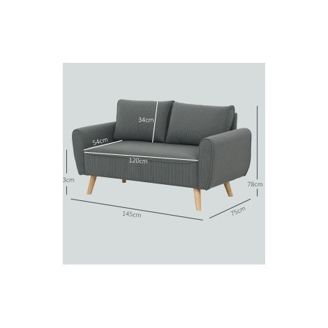 Canapé 2 places en velours côtelé avec cadre en bois, assise profonde 54 cm, 145 x 75 x 78 cm, gris foncé (1/5)