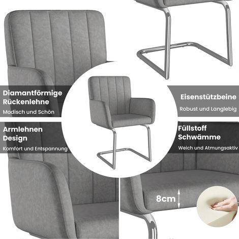 2 Fauteuils de Salle à Manger à Rayures Verticales, Siège Rembourré avec Pieds Métalliques en Zigzag, Chaise Lounge pour Salon, Cuir Synthétique, Gris (1/5)
