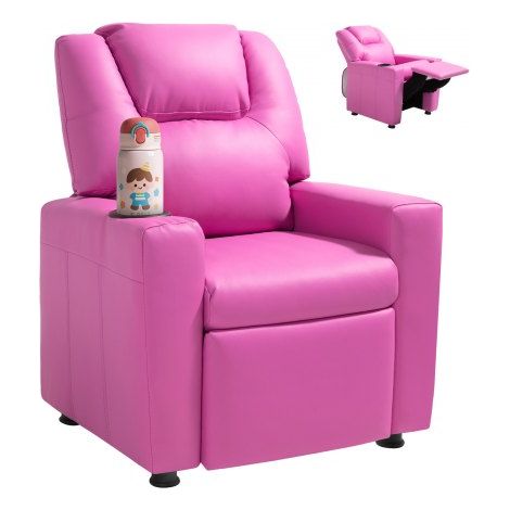 Sillón Reclinable Infantil con Portavasos Respaldo Ajustable 101° a 121° Sofá Reclinable de Piel Sintética Fácil de Limpiar Carga de 40 kg para Sala de Estudio, Guardería, Sala de Juegos, Rosa (1/5)