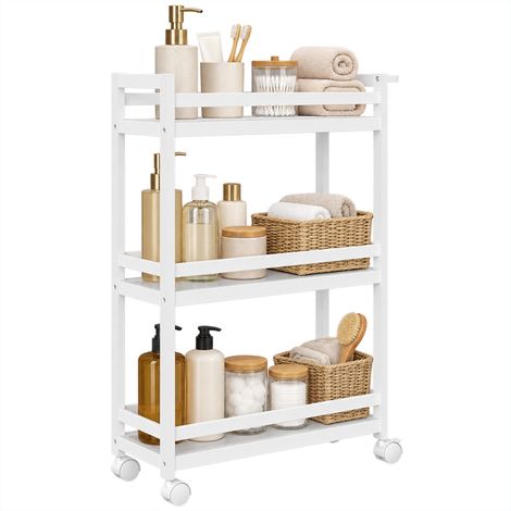 HOMCOM estantería de baño de bambú de 3 niveles carrito auxiliar de almacenaje con ruedas para salón cocina 55x20x75 cm blanco (1/5)