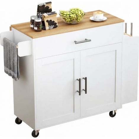 ELVMI Carrello da Cucina con 1 Cassetto, 2 Ante, Piano Ribaltabile e Ruote, in Legno, 120 x 68 x 85 cm, Bianco (1/5)