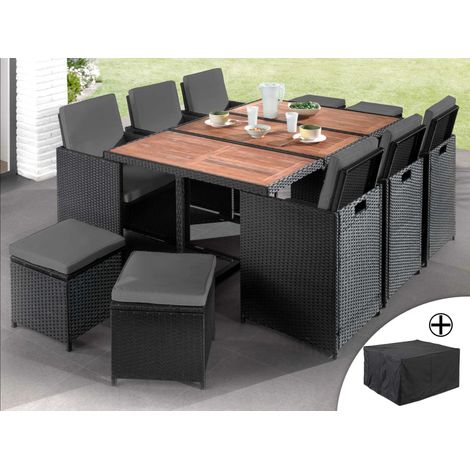 Bestmobilier – Salon de jardin encastrable 10 places – résine tressée noire avec coussins gris – housse de protection – chaises rabattables et poufs encastrables